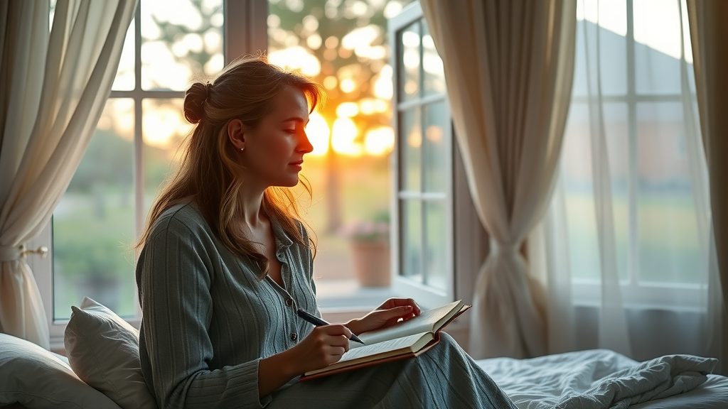 inspirational woman journaling at sunrise, reflecting on her relationships with family and friends