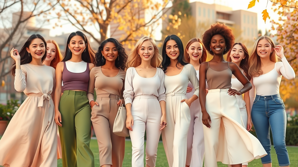 Group of diverse stylish women in minimalist outfits, showing seasonal dressing tips for fashionable women