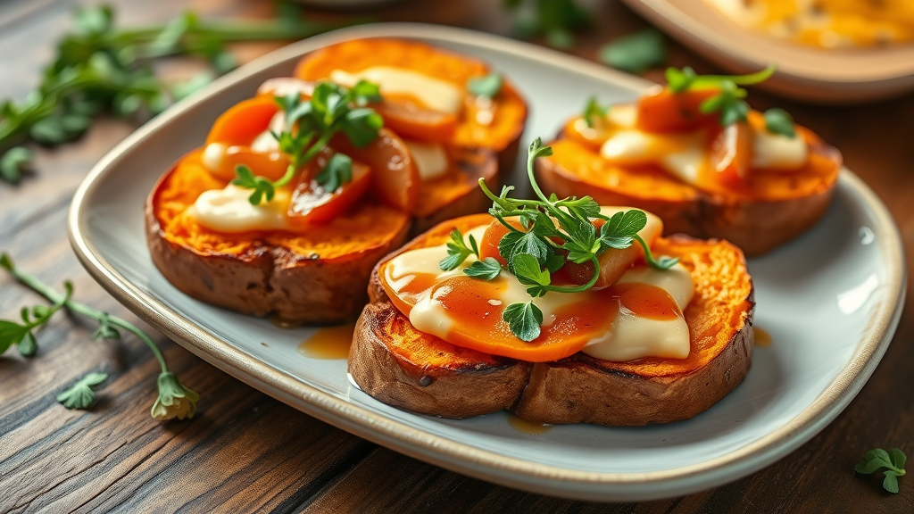 Appetizing plated sweet potato toasts topped with healthy microgreens and sauce, representing creative food recipes in healthy gourmet cooking.