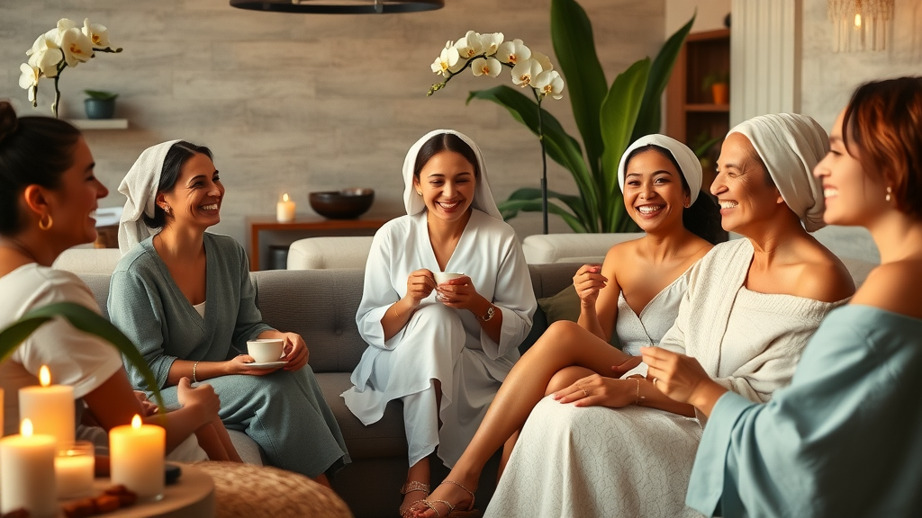 Joyful group relaxing after spa treatments shows the connection between wellness and spa.