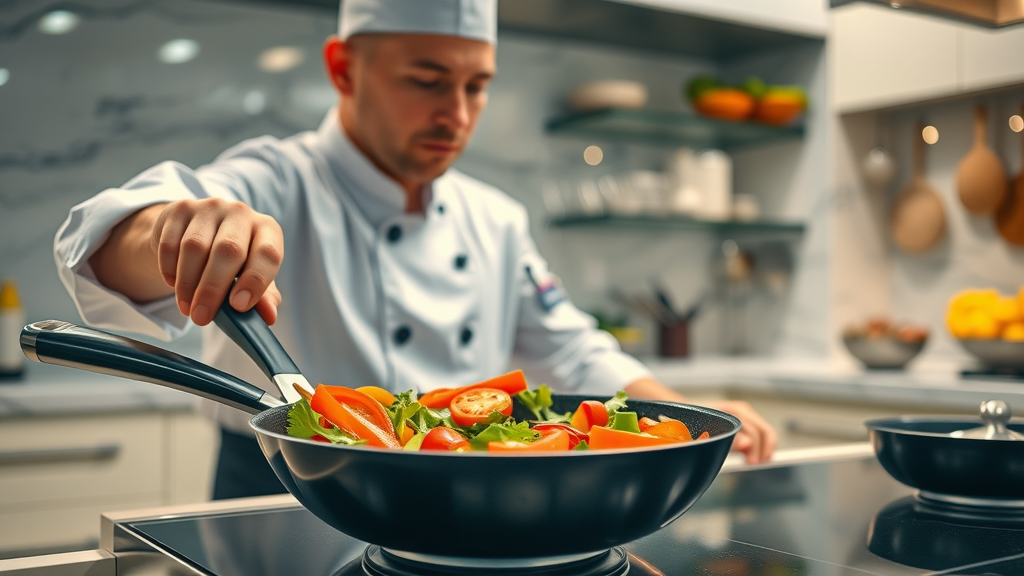 A modern kitchen scene with a chef stir frying vibrant vegetables in a sleek nonstick pan, representing energetic healthy gourmet cooking.