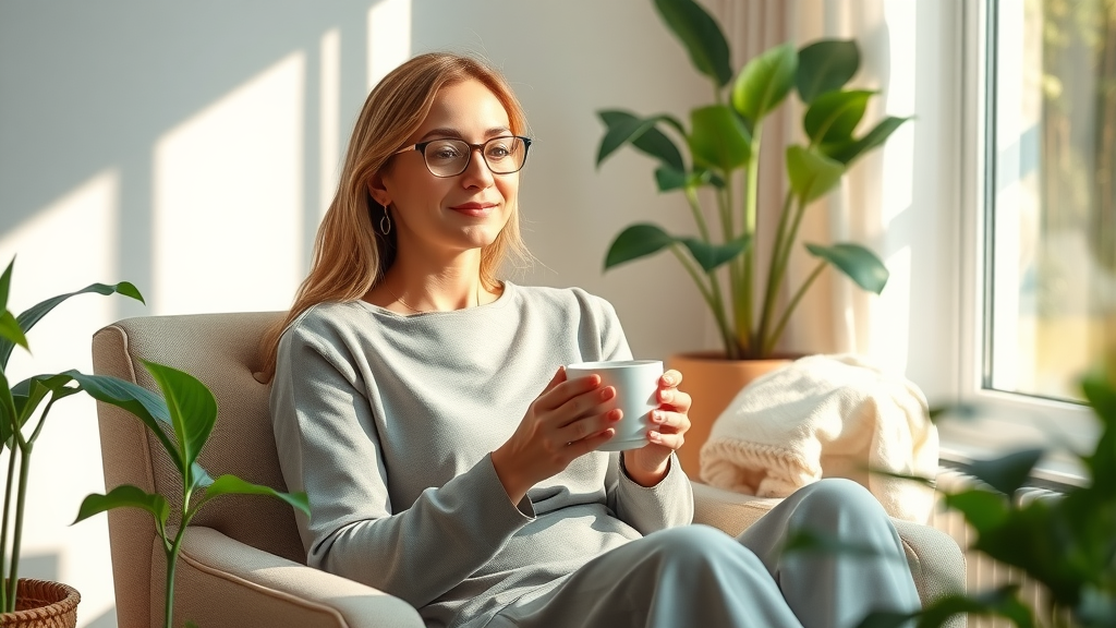 self-care routines for women uplifting professional woman in sunlit living room cozy armchair