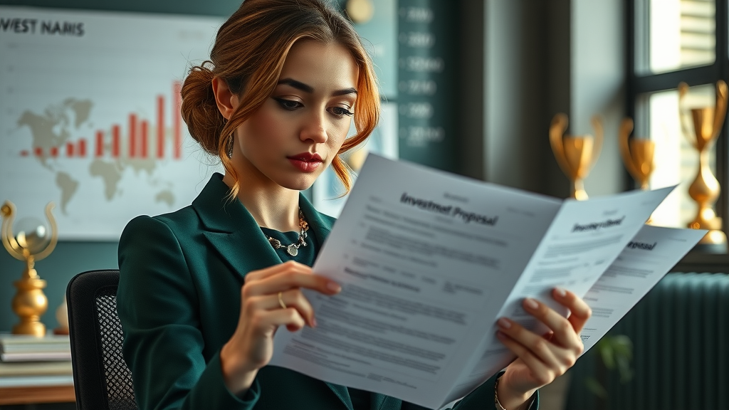 successful woman business owner reviewing investment proposal documents, investing for business growth