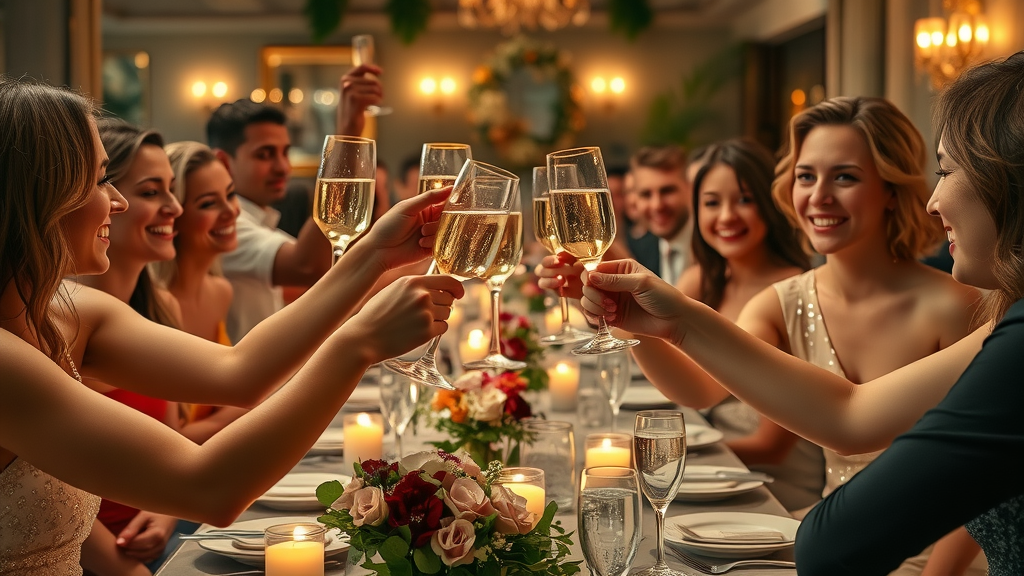 Celebratory dinner with group toasting sparkling wine in a luxury fine dining restaurant - exclusive special occasions