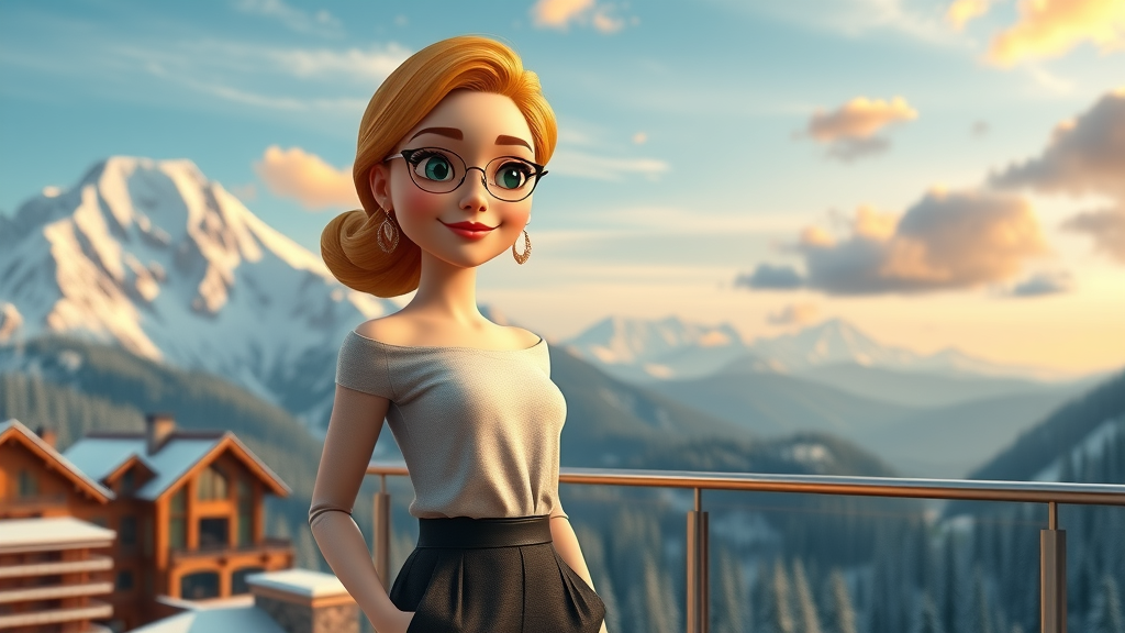 Fashionable woman on terrace of mountain lodge with alpine peaks – national park luxury travel for women