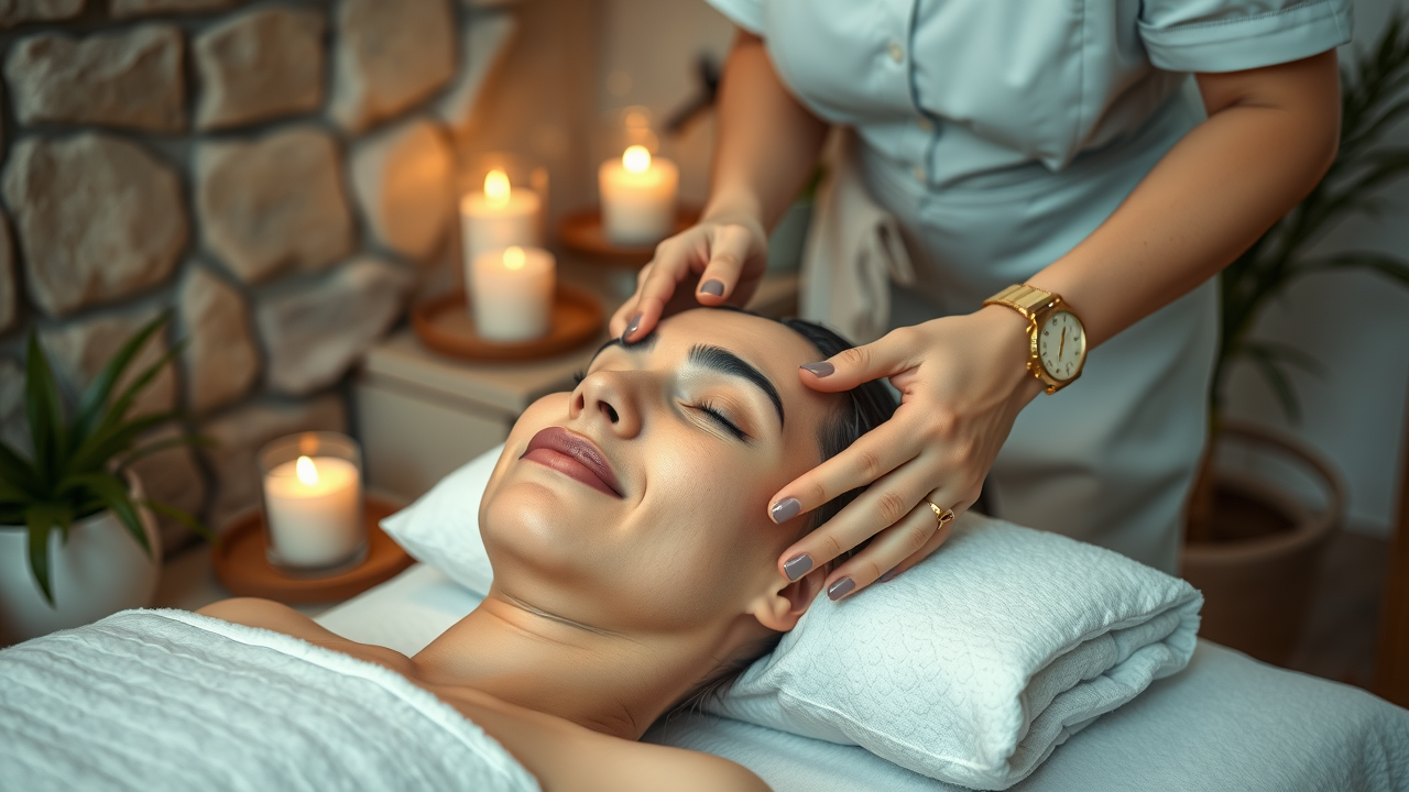 Therapist giving facial in serene spa setting reflecting wellness and spa treatments.
