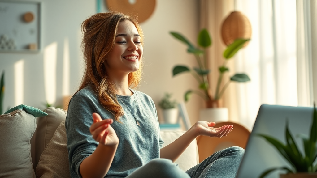 content female entrepreneur meditating at home with her laptop, work-life integration for business growth tactics for female entrepreneurs