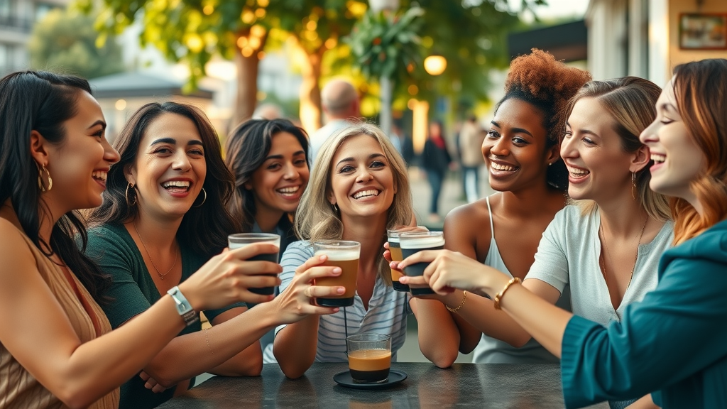 Group of diverse women laughing and bonding at an outdoor café, symbolizing social connections built through the benefits of travel for women.