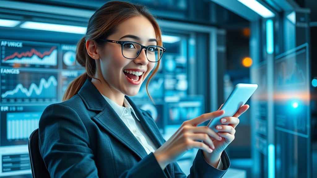 Ambitious young businesswoman using futuristic technology for business planning – future-focused wealth building strategies.