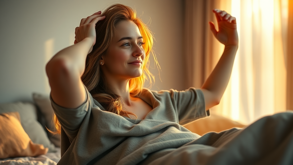 motivated woman practicing mindful morning routine and stretching for self-care routines for women at sunrise