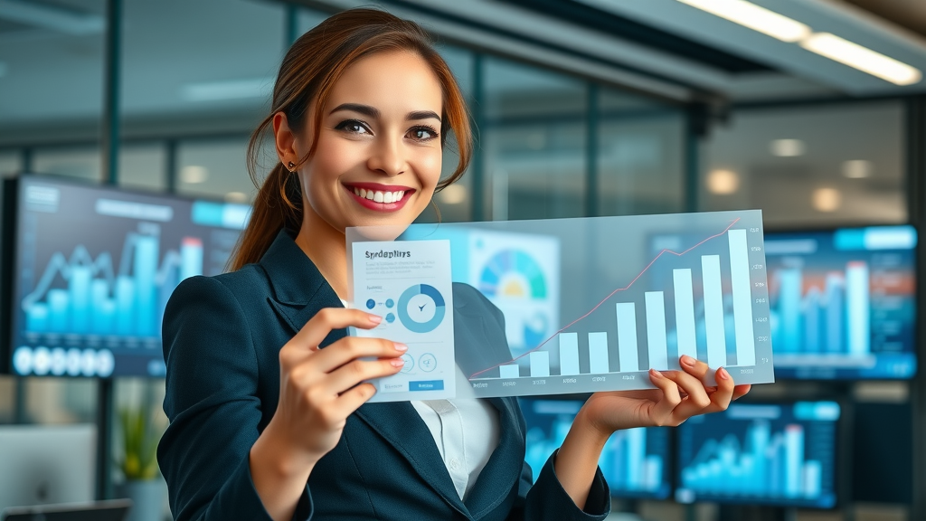 Dynamic infographic - female business owner presenting growth statistics, small business growth, digital marketing insights