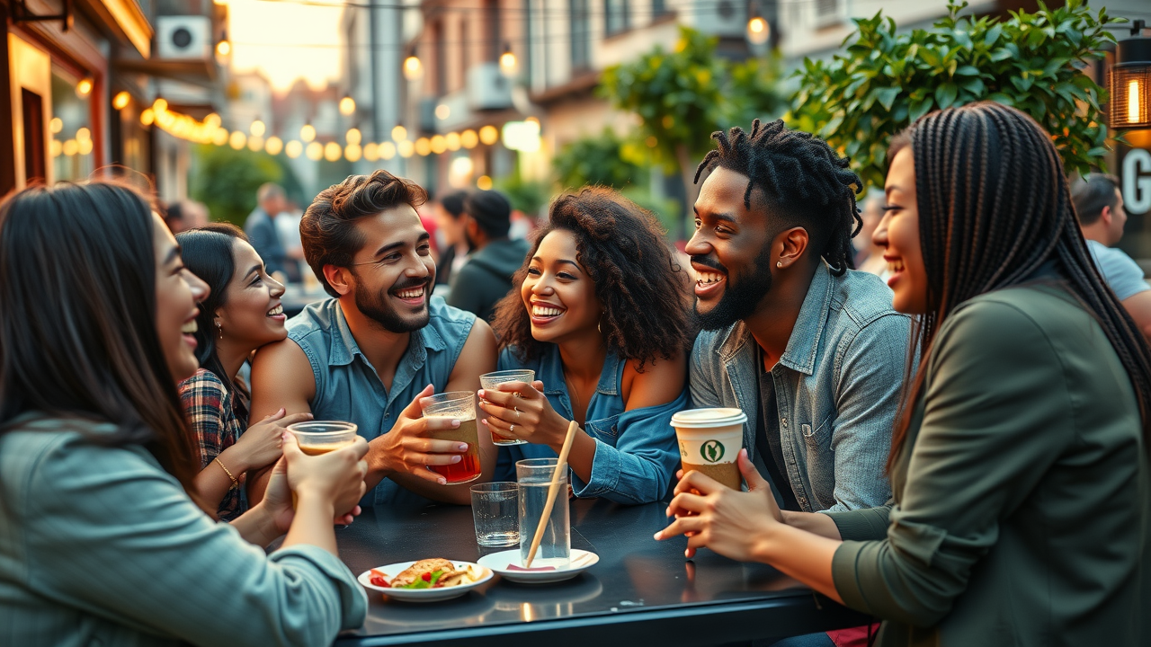 Social health, diverse group of friends laughing at outdoor cafe