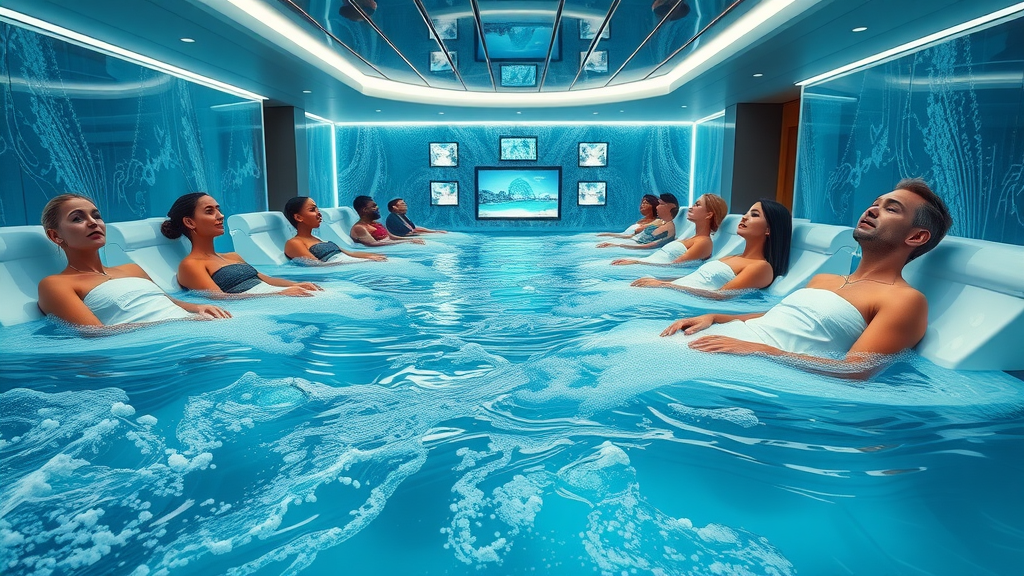 Modern luxury spa with water walls and digital relaxation, diverse guests enjoying spa treatments