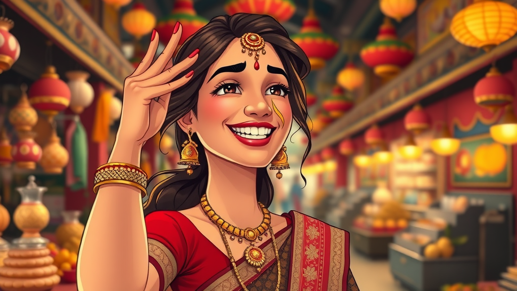 vibrant South Asian woman, applying traditional bindi, ornate marketplace background