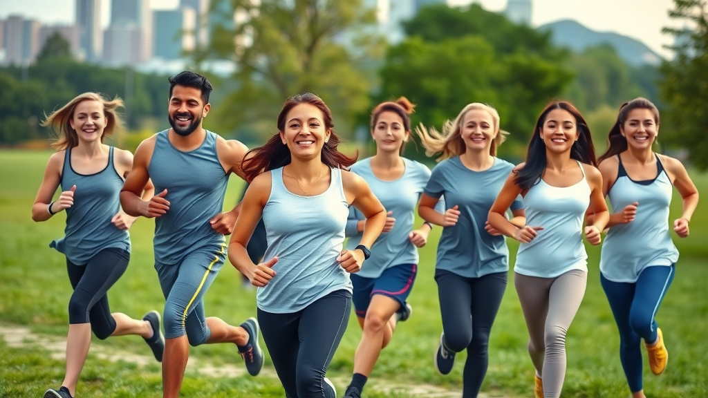 Healthy living group jogging outdoors, joyful expressions, lush green park, city skyline