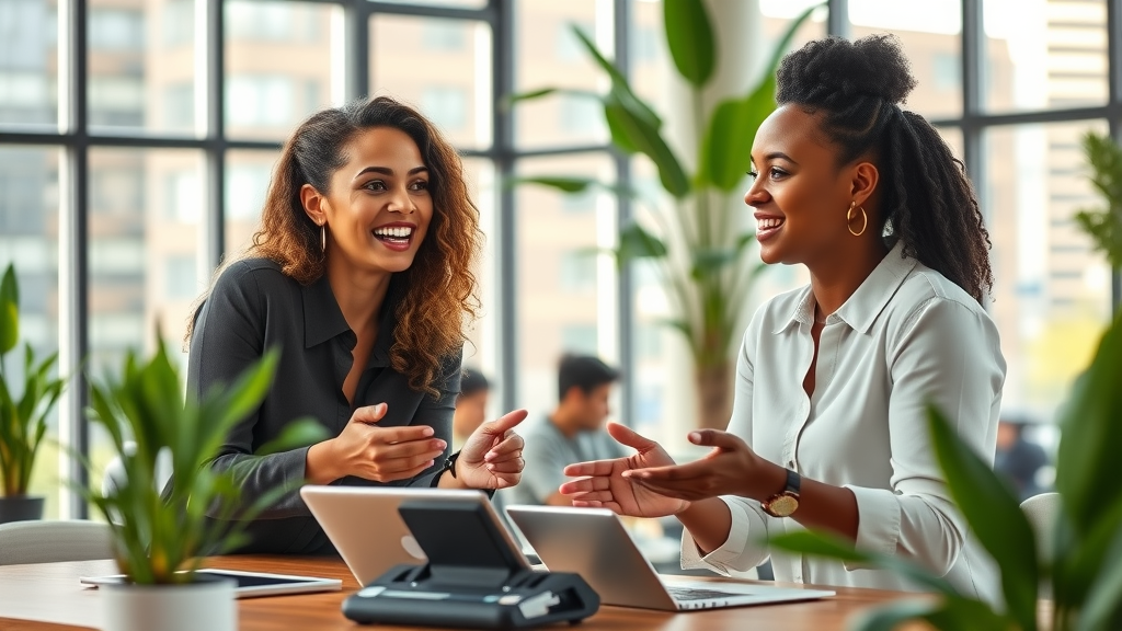 Confident female entrepreneurs collaborating on social media strategy in a coworking space