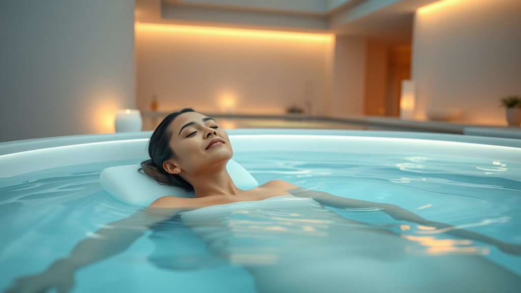 Spa treatment benefits shown with woman relaxing in a float tank for deep wellness.