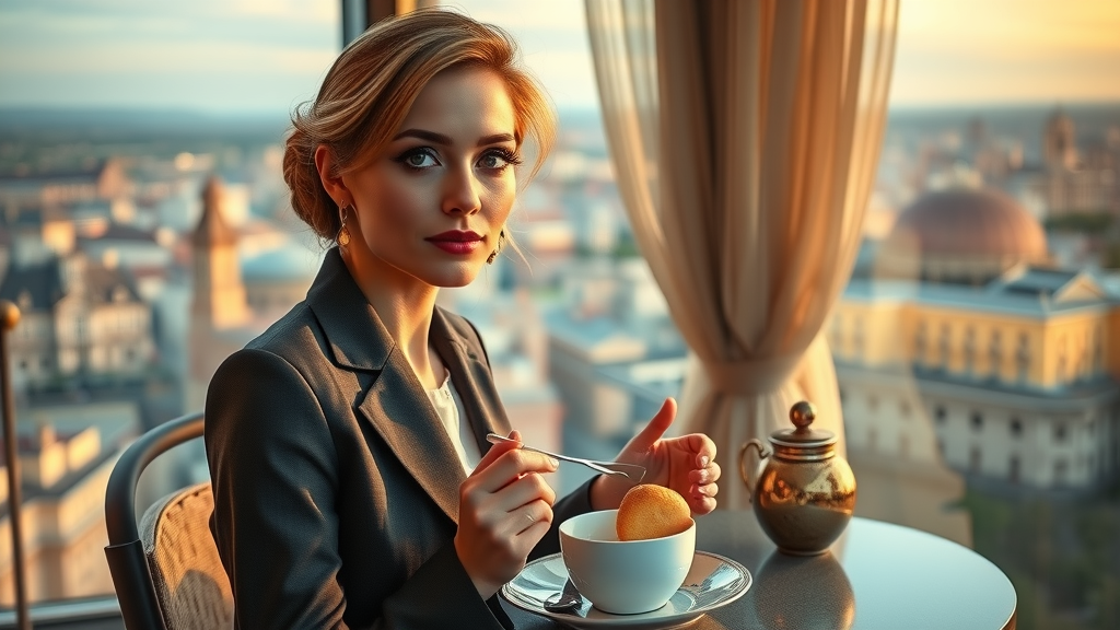 Chic businesswoman enjoying gourmet breakfast on terrace with European cityscape views – luxury travel for affluent women