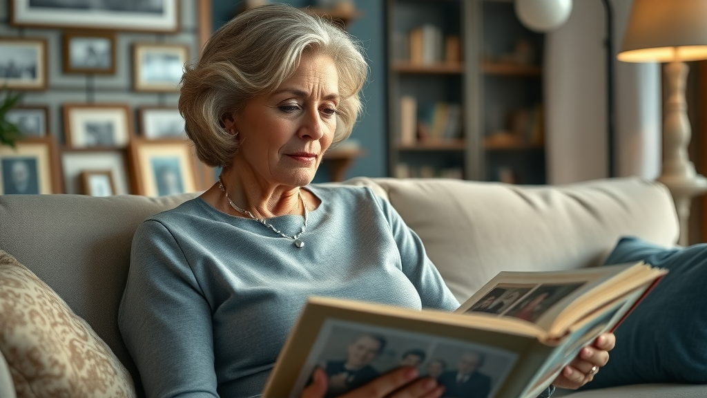 wise woman builds foundation, mature woman looking through old family photo albums in soft living room lighting
