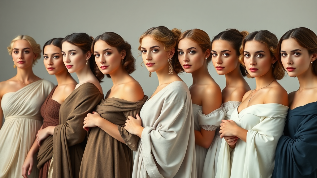 elegant line-up of women from different historical periods, ancient Greece to modern day, distinct era fashion and hairstyles