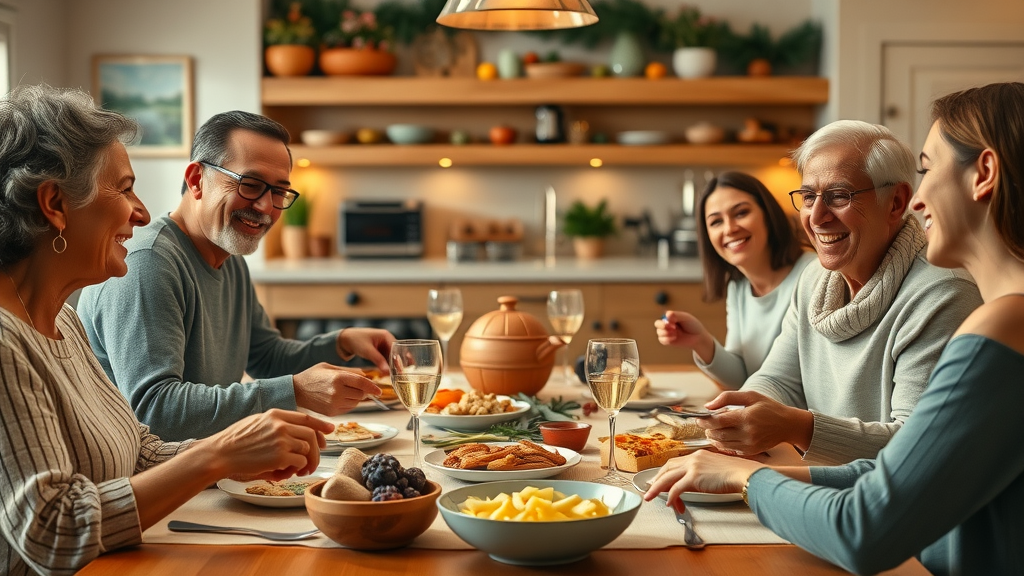 woman builds community through shared family meal and joy, kitchen with warm homey decor