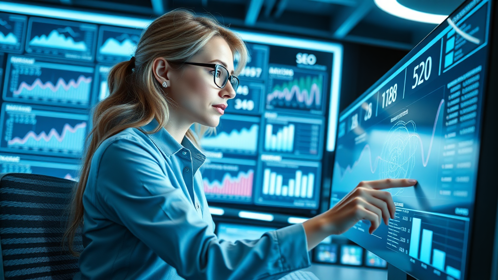 Female digital marketer analyzing SEO results on computer