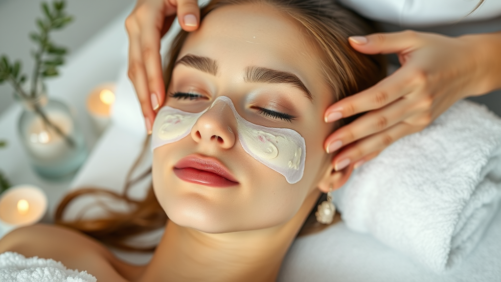 Young woman enjoying calm spa facial for glowing, stress-free skin.