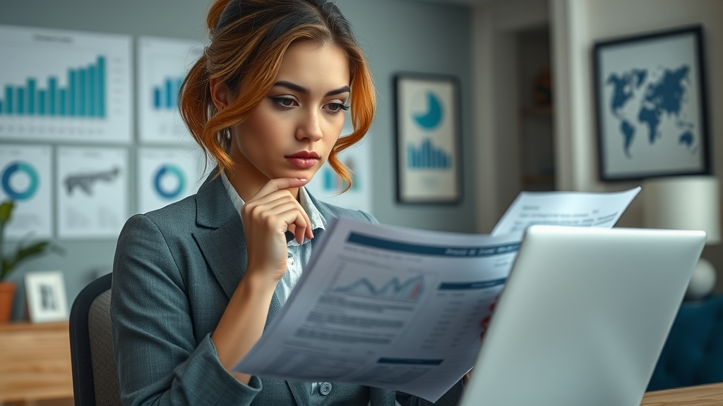 thoughtful female entrepreneur reviewing financial documents and charts, business growth tactics for female entrepreneurs
