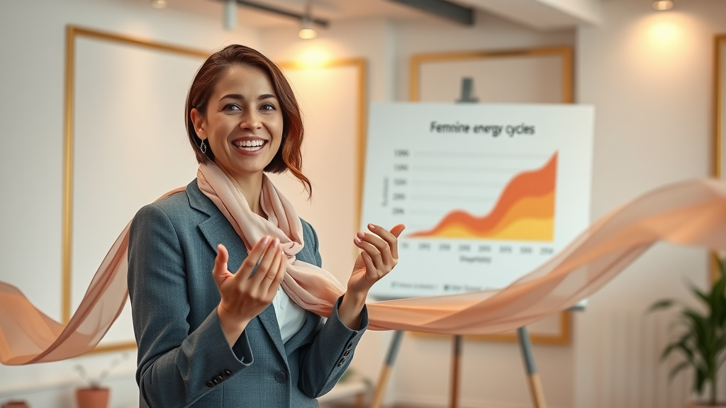 Professional woman presenting on feminine energy cycles in future women entrepreneurship feminine energy success