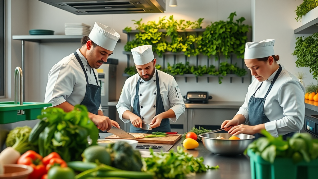 Modern sustainable kitchen with chefs preparing organic produce - eco-friendly fine dining practices