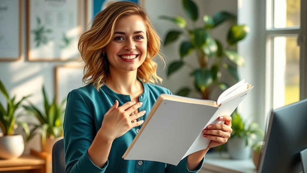 confident woman with organized financial planner demonstrating positive money mindset