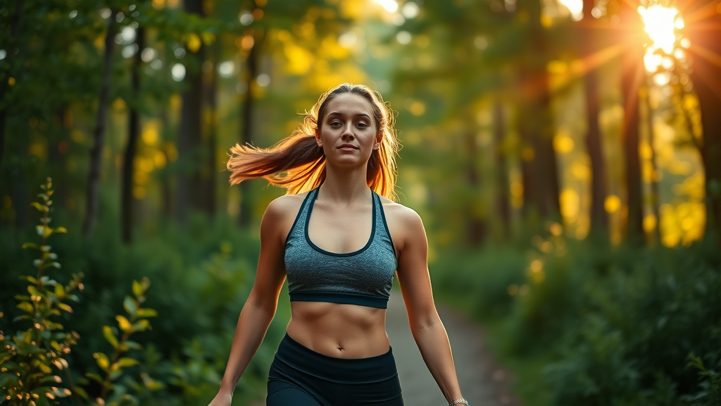 athletic woman walking in sunrise forest trail, different ways women practice being inspired