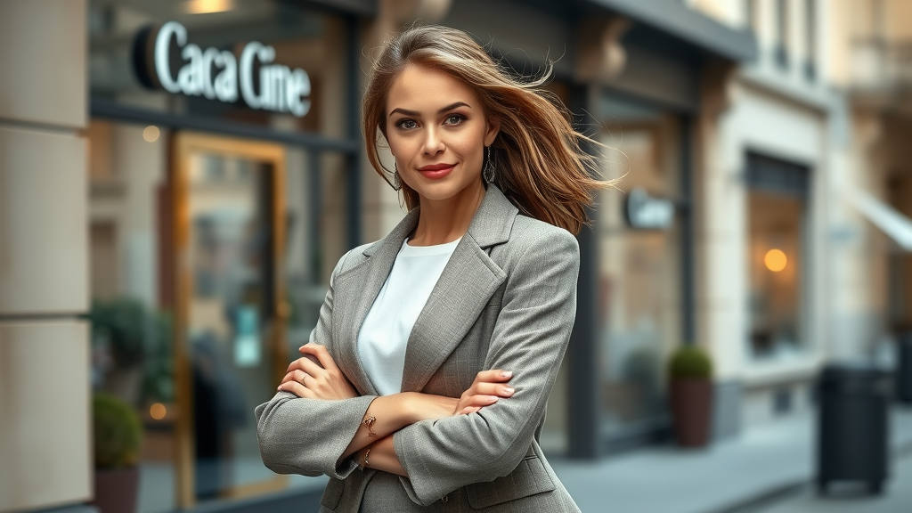 Elegant fashionable woman with confident expression, standing gracefully in a chic outfit on a modern city street, how to be a fashionable woman