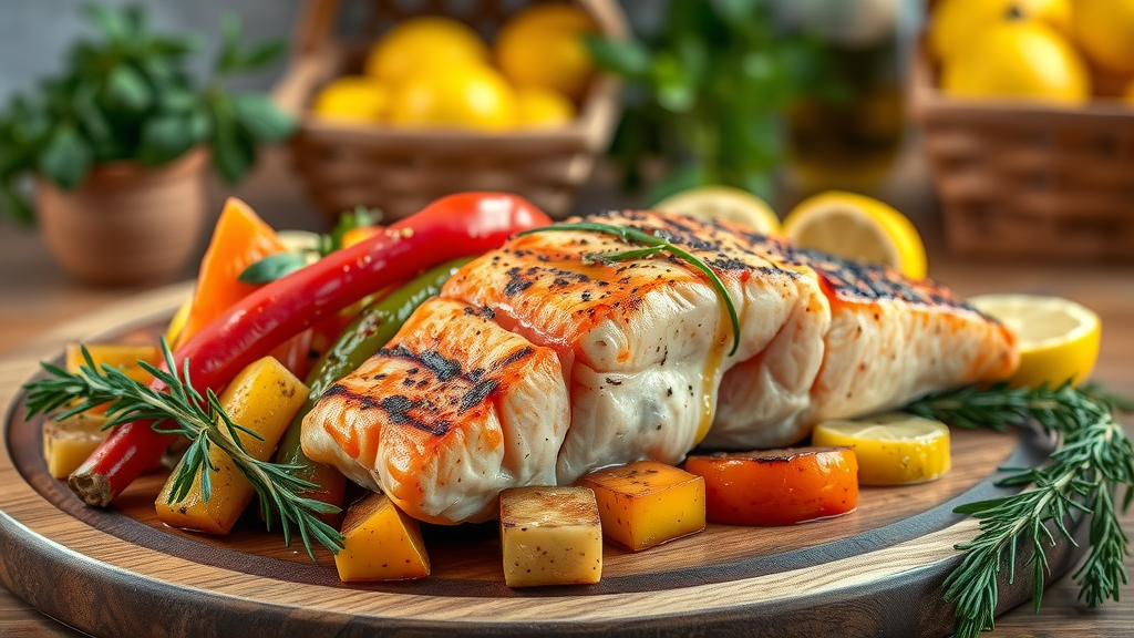 Freshly grilled salmon and colorful vegetables presented on a rustic wooden platter in a Mediterranean kitchen, highlighting healthy eating the Mediterranean way with fatty fish and vibrant produce.
