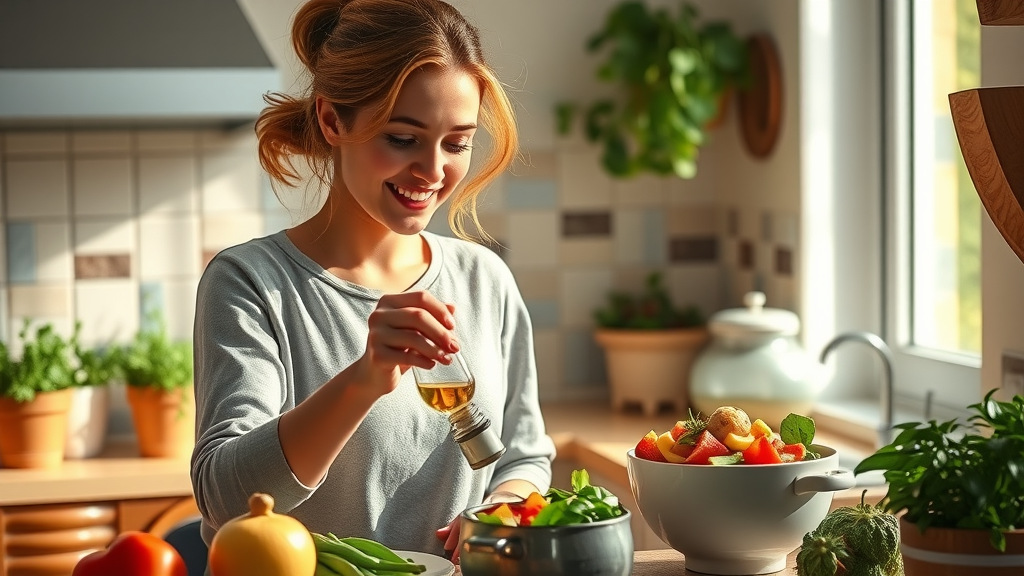 Young woman cooking with olive oil in a sunlit Mediterranean-style kitchen, representing healthy eating the Mediterranean way with fresh ingredients and vibrant colors.