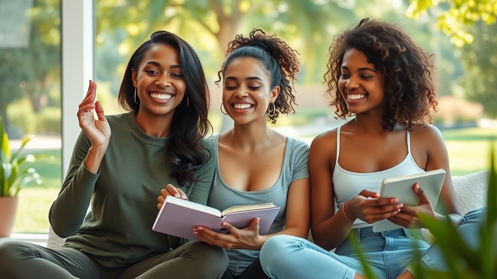 dynamic diverse women practicing self-care routines for women like yoga journaling and skincare