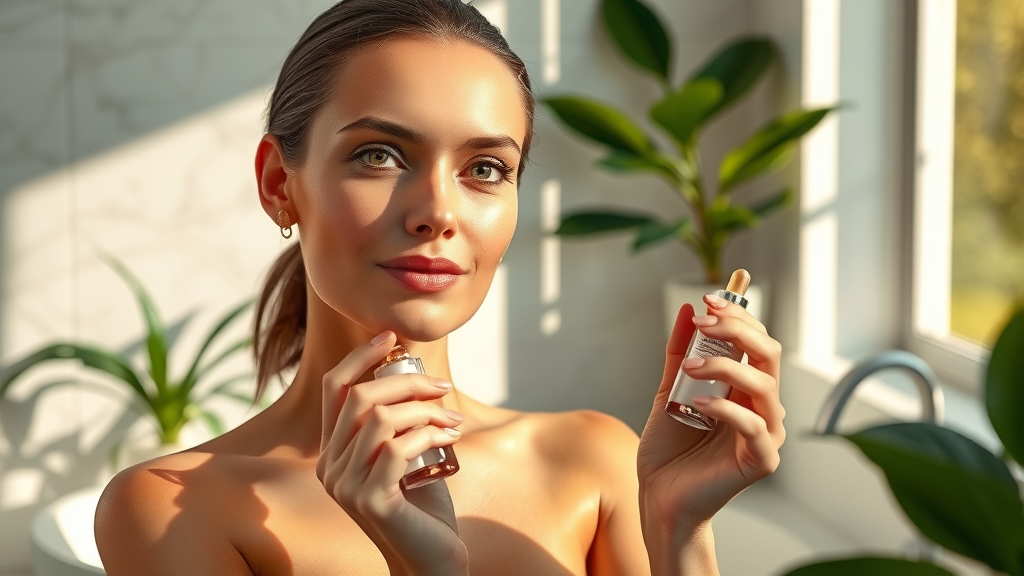 Luxurious skincare routine with glowing skin, serene expression, and premium containers, representing modern skin care and beauty products.