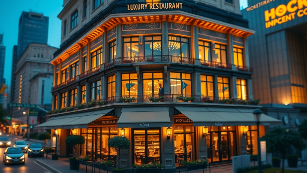 World-famous luxury restaurant exterior at sunset - fine dining establishments worldwide
