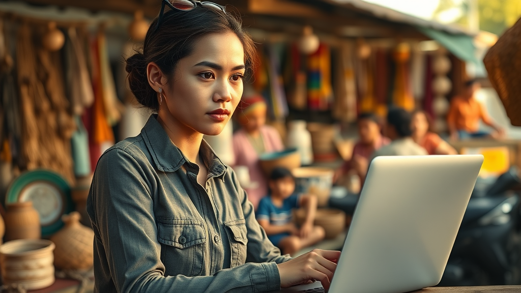 Inspirational image of a female entrepreneur in a rural setting, working on a laptop, entrepreneurship for women