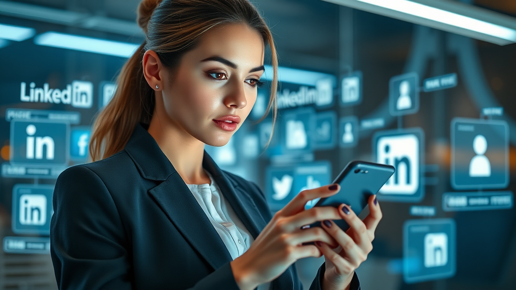 Modern professional woman using a smartphone to connect on social media, networking tips for women in business