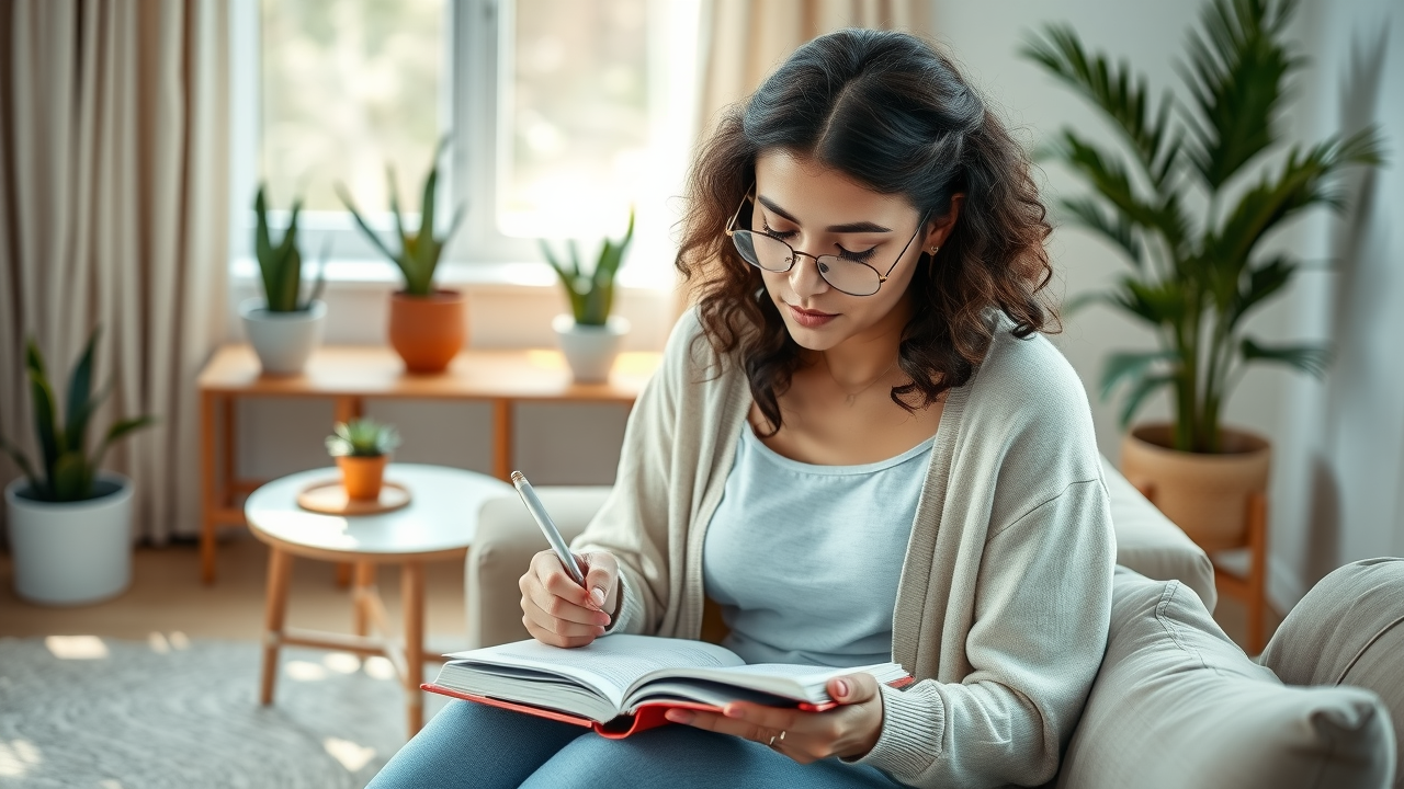 Healthy living journaling, young man writing wellness goals, serene living room