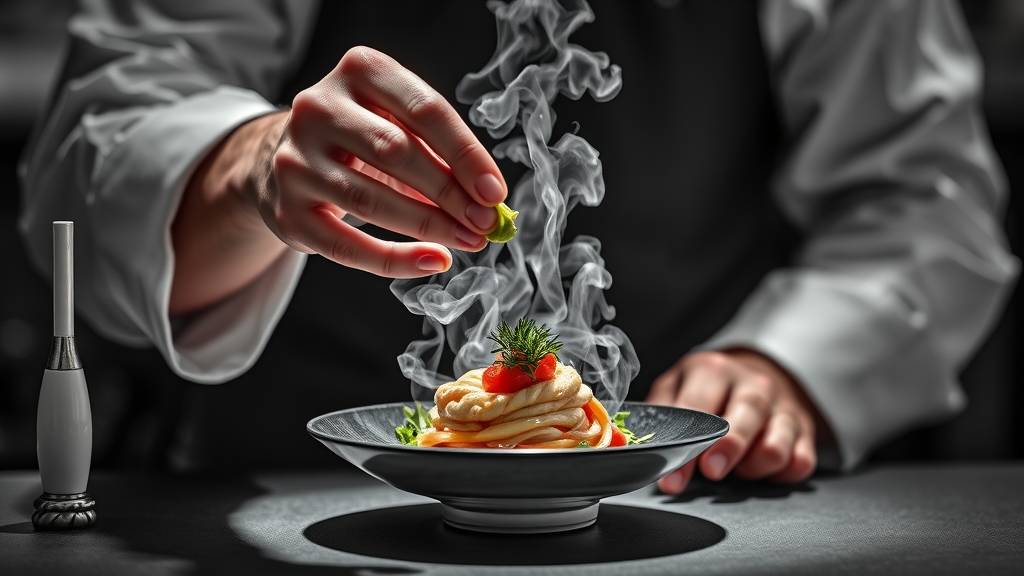 Elegant tasting menu in a fine dining restaurant with chef presenting final garnish - modern fine dining cuisine