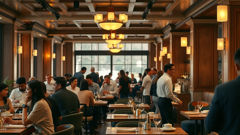 the joys of dining in restaurants in a welcoming upscale restaurant interior with lively patrons and servers