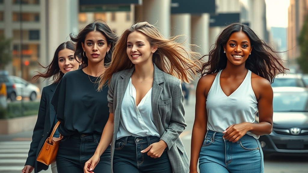 Radiant diverse women walking together, confident, in stylish contemporary fashion in an urban city backdrop. Beauty and fashion trends.