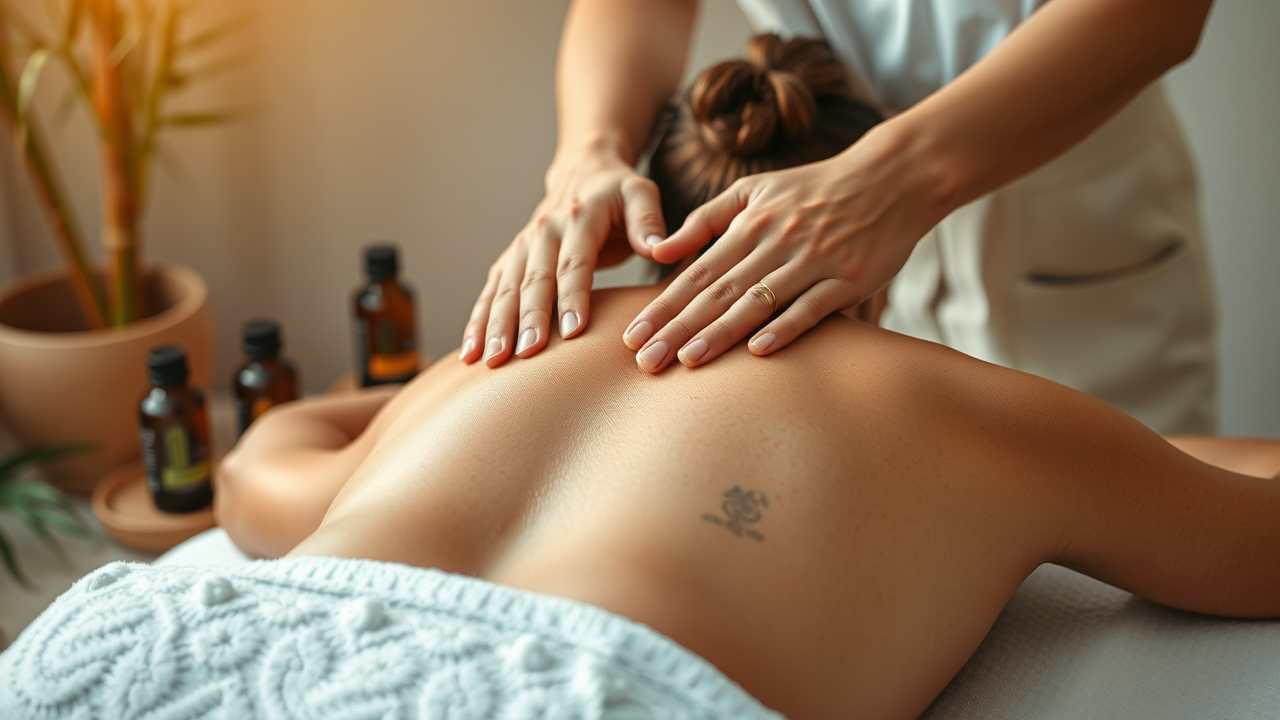 Therapist giving relaxing back massage, spa wellness connection, soothing atmosphere