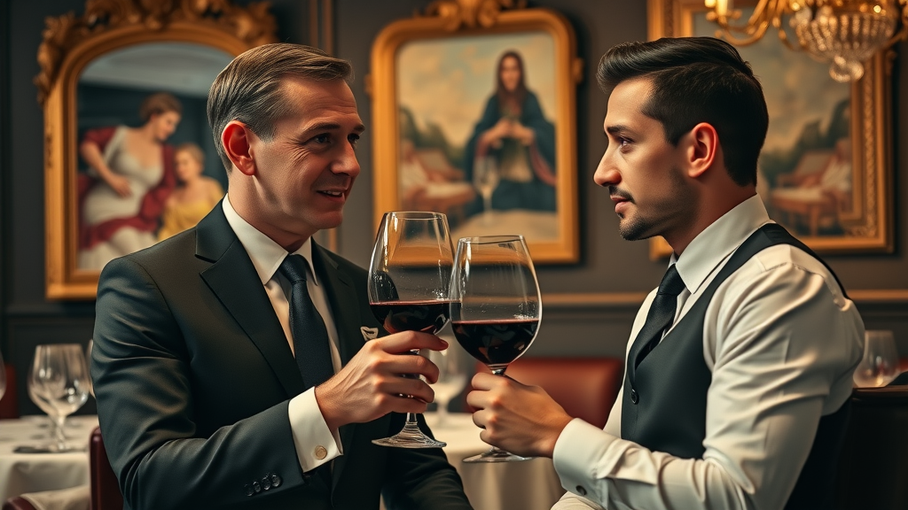 Well-dressed diner and sommelier interaction in elegant fine dining restaurant - etiquette and wine pairing