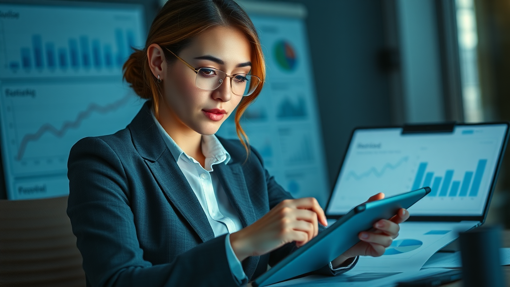 Businesswoman planning financial goals on a tablet – building wealth for women entrepreneurs with financial planning charts.