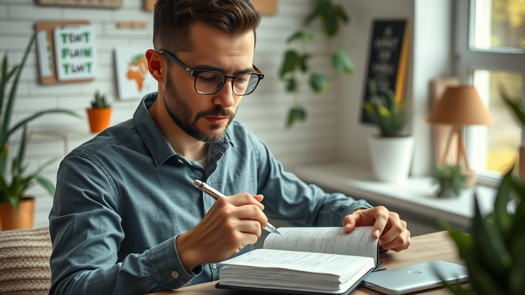 focused business owner journaling to reinforce a positive money mindset, surrounded by motivational details