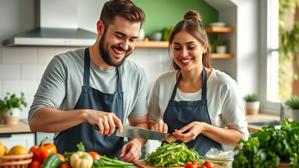 Physical health, couple preparing healthy vegetables in a bright kitchen