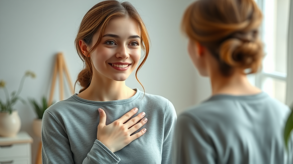 contemplative woman practicing self-affirmation in mirror, different ways women practice being inspired